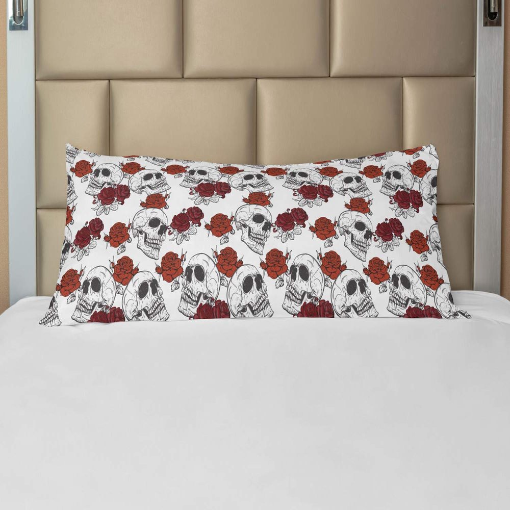 Ambesonne Skull Body Pillow Case Cover with Zipper, Retro Gothic Dead Head Skeleton with Roses Halloween Theme Spooky Trippy Romantic, Decorative Accent Long Pillowcase, 21" x 54", Grey
