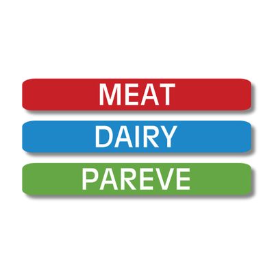 Lovable Labels Kosher Labels, 120 Pre-Printed Meat, Dairy and Pareve Kosher Stickers, Microwave, Freezer and Dishwasher Safe, Color Coded Kitchen Stickers for Kosher Kitchen. (Blue/Red/Green)