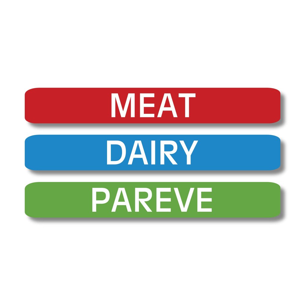 Lovable Labels Kosher Labels, 120 Pre-Printed Meat, Dairy and Pareve Kosher Stickers, Microwave, Freezer and Dishwasher Safe, Color Coded Kitchen Stickers for Kosher Kitchen. (Blue/Red/Green)