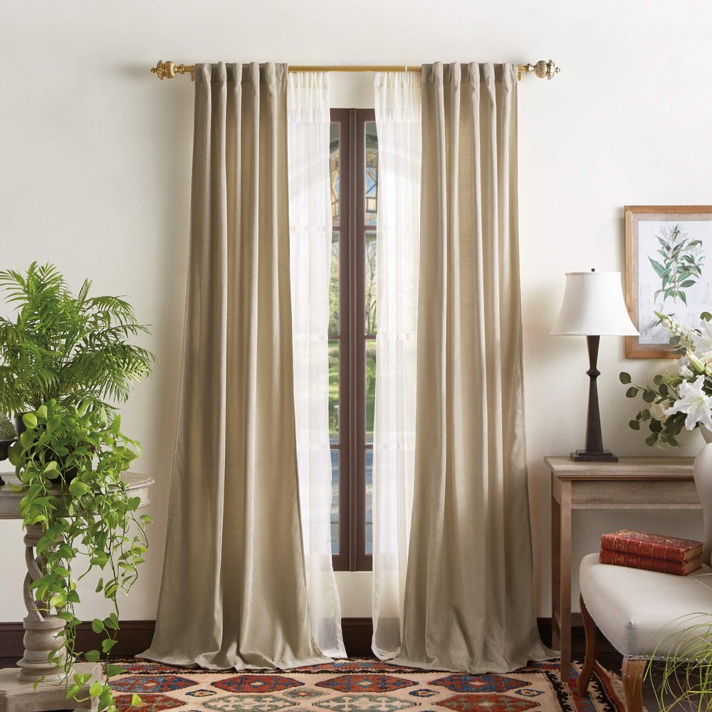 Martha Stewart Naples Chenille Solid Back Tab Window Curtain Panel Pair, 95", Natural