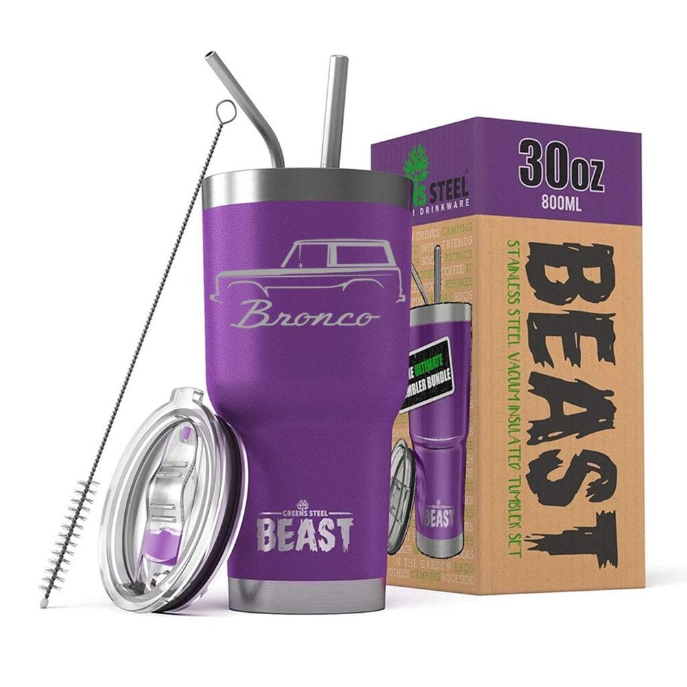 1966-77 Ford Bronco BEAST 30 oz Stainless Steel Insulated Tumbler w/Lid, 2 Straws, Brush and Gift Box purple