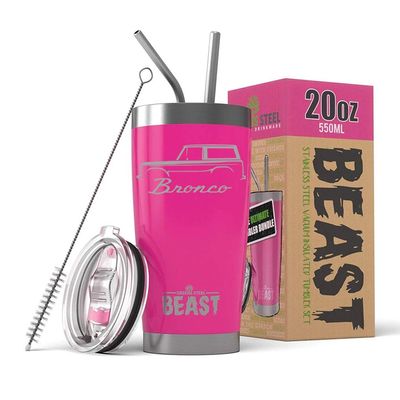 1966-77 Ford Bronco BEAST 20 oz Stainless Steel Insulated Tumbler w/Lid, 2 Straws, Brush and Gift Box hotpink