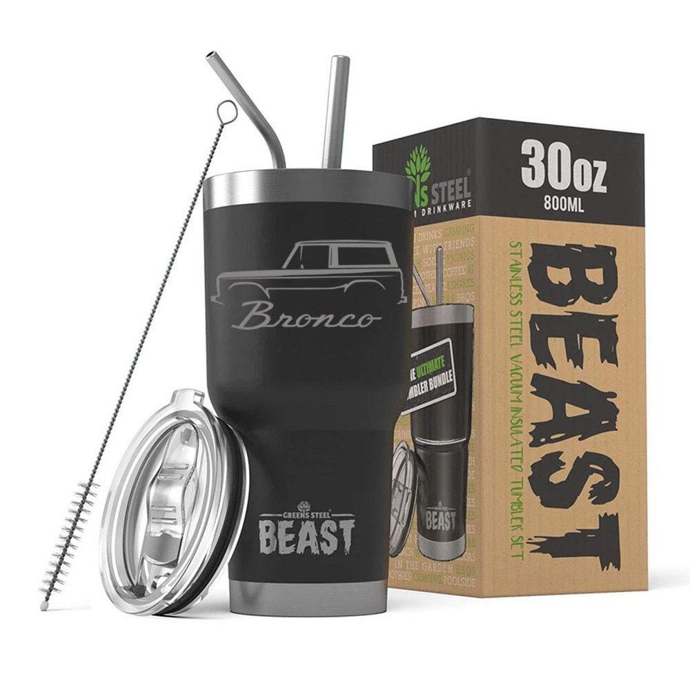 1966-77 Ford Bronco BEAST 30 oz Stainless Steel Insulated Tumbler w/Lid, 2 Straws, Brush and Gift Box black