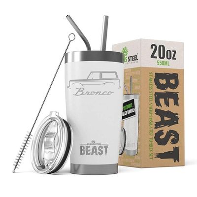 1966-77 Ford Bronco BEAST 20 oz Stainless Steel Insulated Tumbler w/Lid, 2 Straws, Brush and Gift Box white