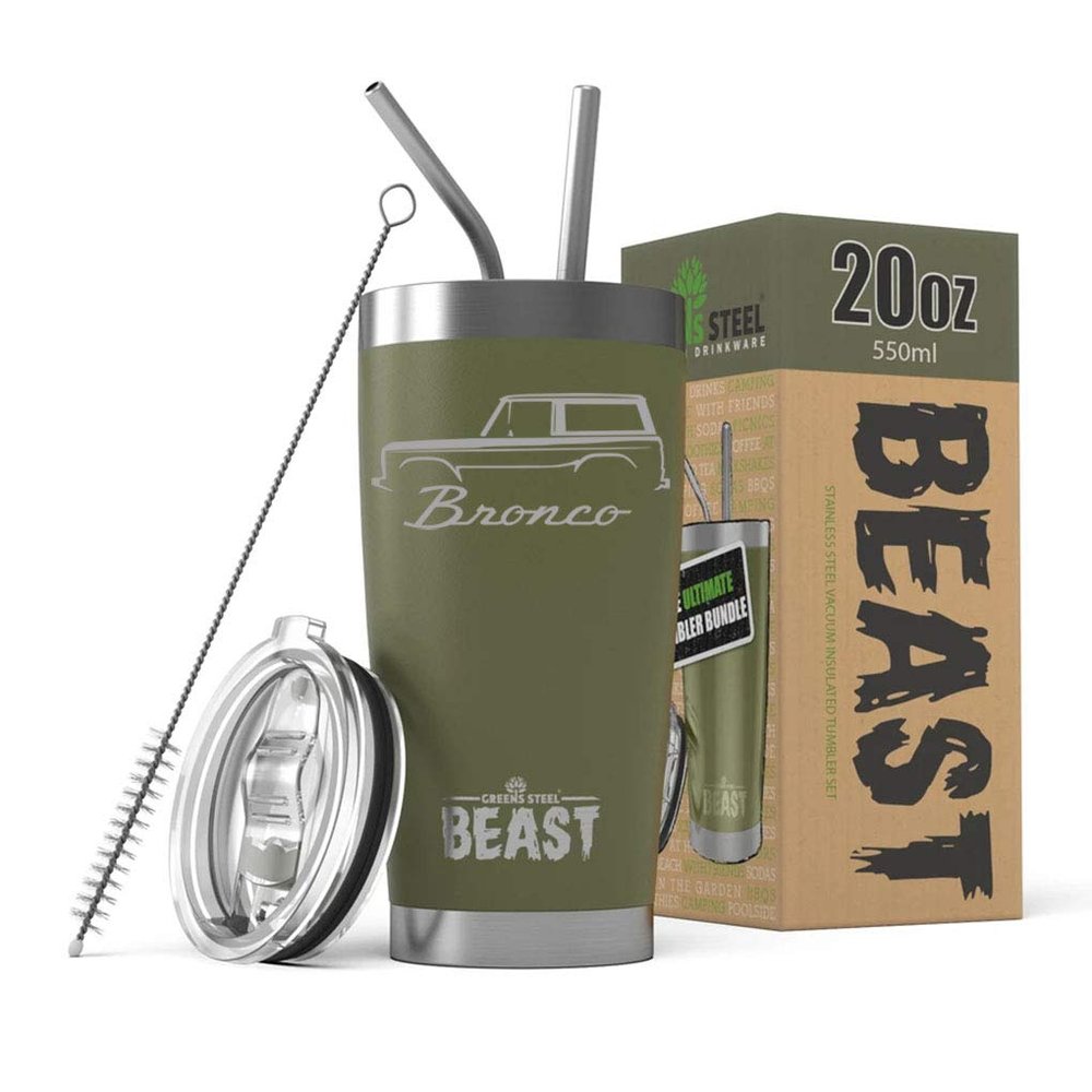 1966-77 Ford Bronco BEAST 20 oz Stainless Steel Insulated Tumbler w/Lid, 2 Straws, Brush and Gift Box army