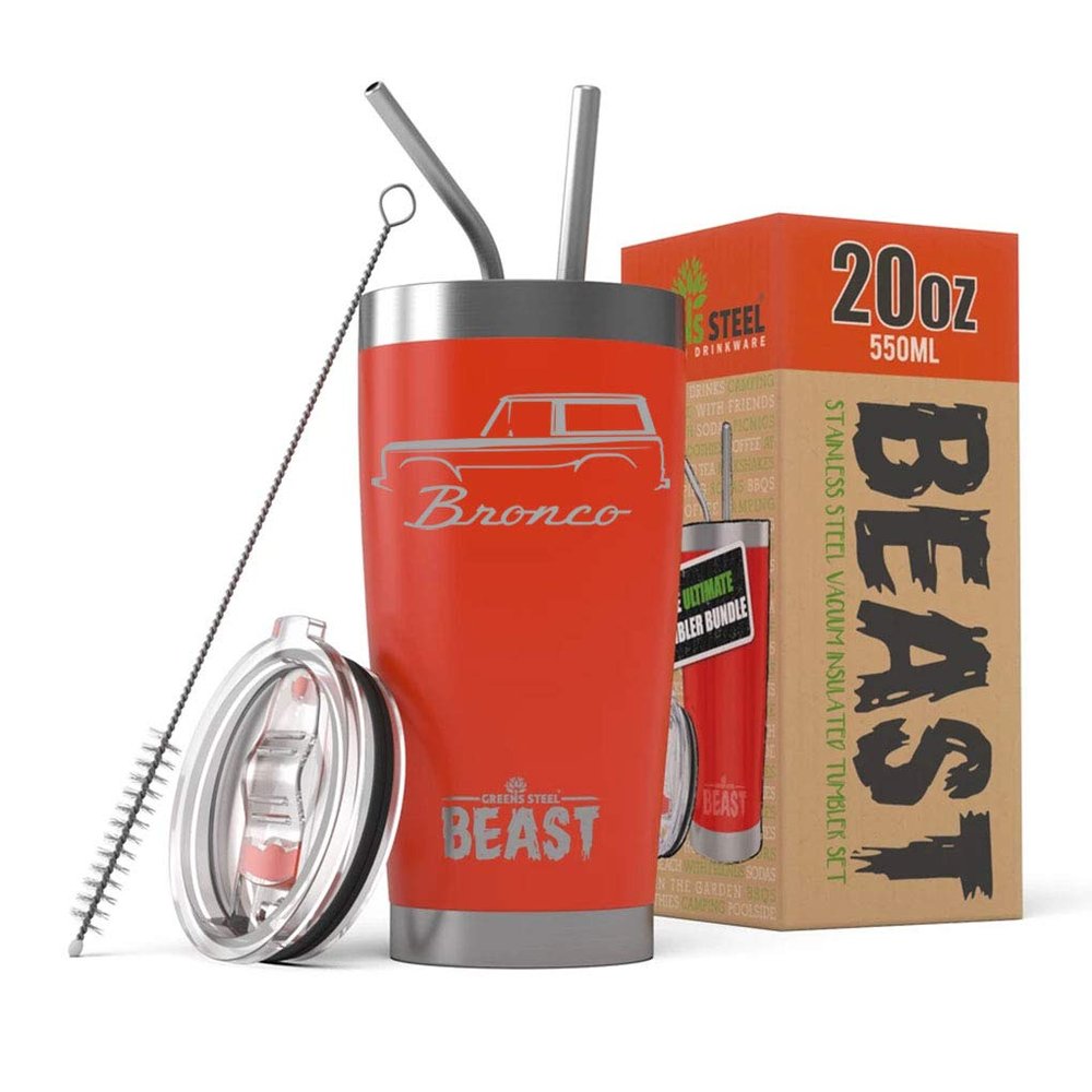 1966-77 Ford Bronco BEAST 20 oz Stainless Steel Insulated Tumbler w/Lid, 2 Straws, Brush and Gift Box red