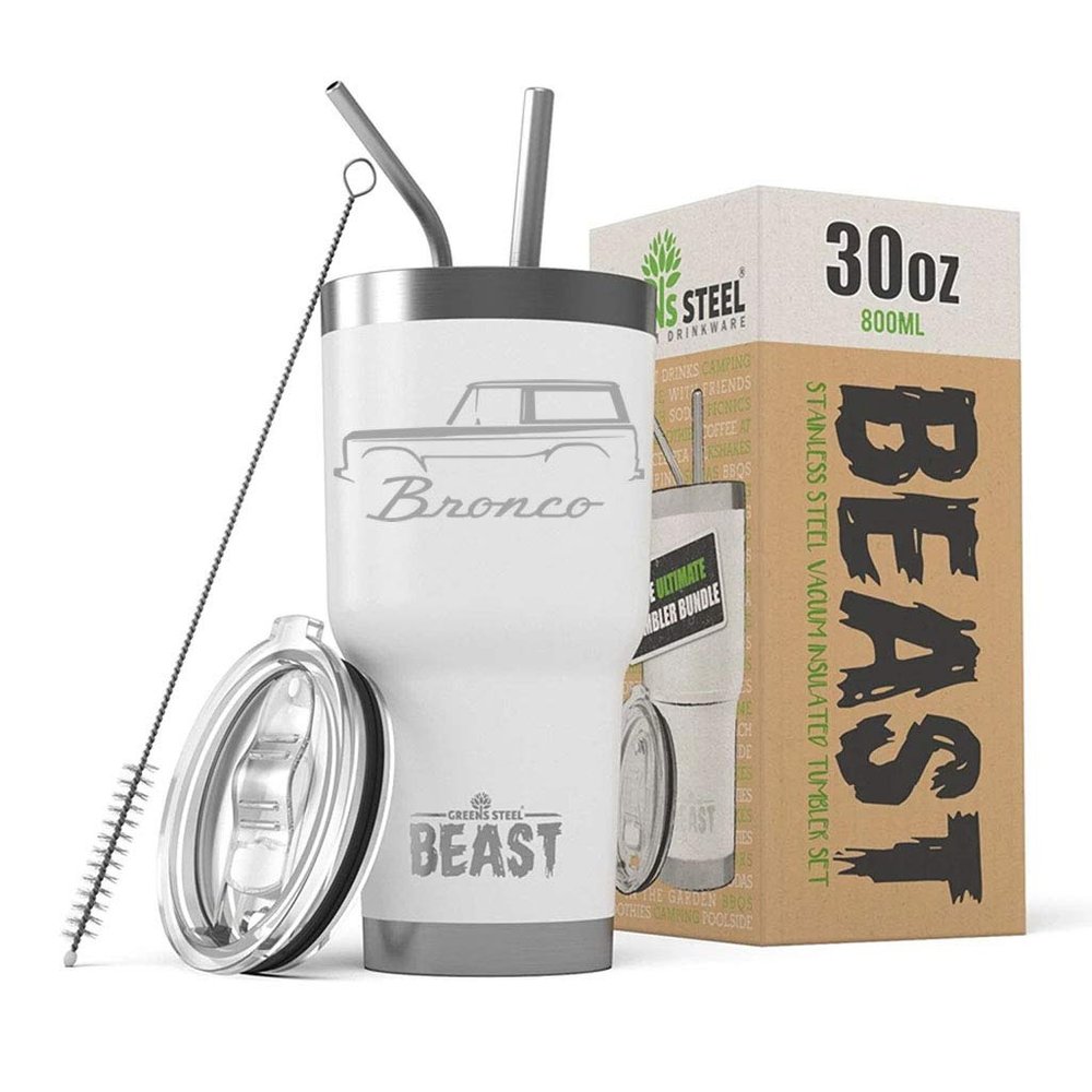 1966-77 Ford Bronco BEAST 30 oz Stainless Steel Insulated Tumbler w/Lid, 2 Straws, Brush and Gift Box white