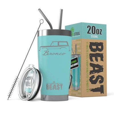 1966-77 Ford Bronco BEAST 20 oz Stainless Steel Insulated Tumbler w/Lid, 2 Straws, Brush and Gift Box aqua