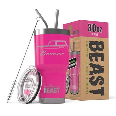 1966-77 Ford Bronco BEAST 30 oz Stainless Steel Insulated Tumbler w/Lid, 2 Straws, Brush and Gift Box hotpink