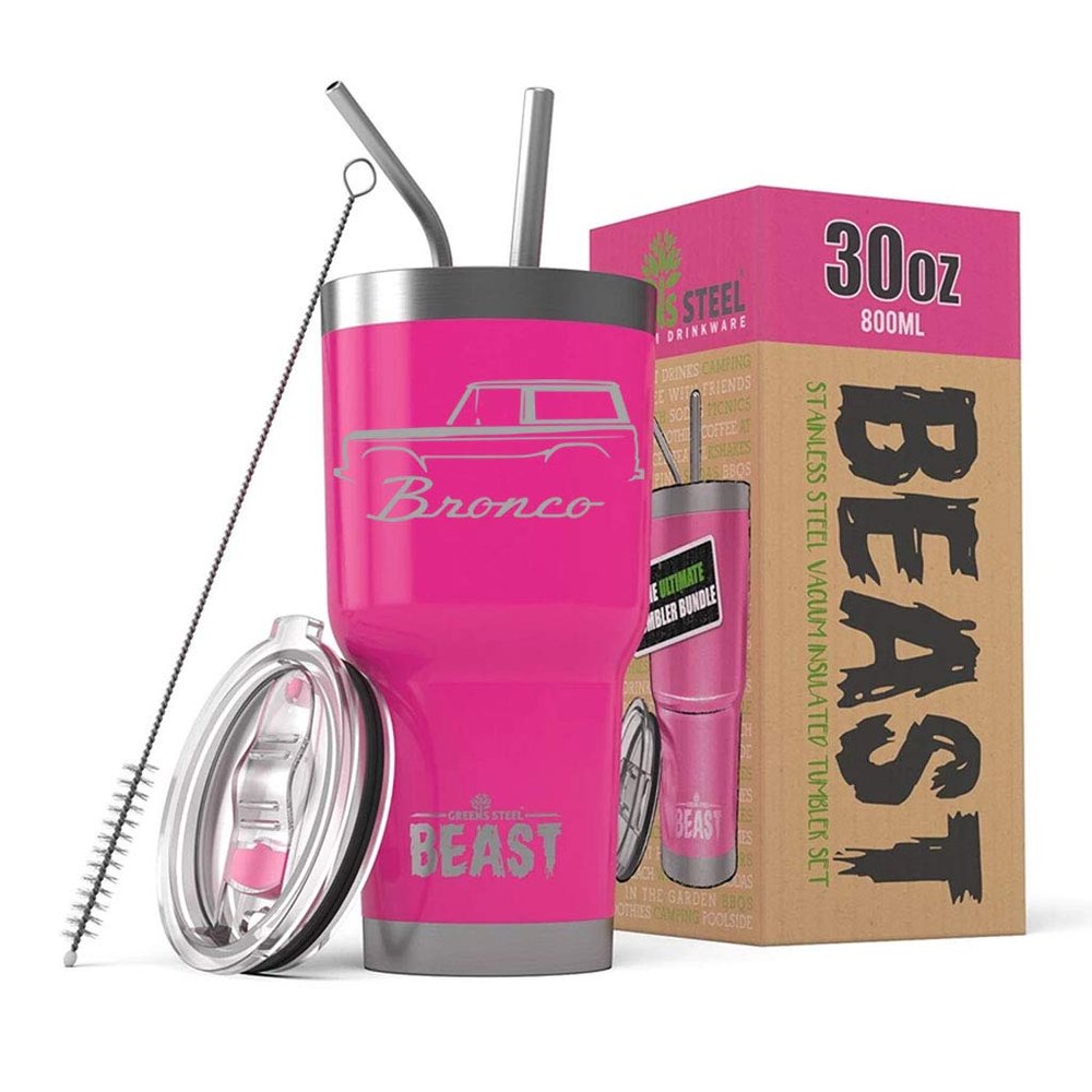 1966-77 Ford Bronco BEAST 30 oz Stainless Steel Insulated Tumbler w/Lid, 2 Straws, Brush and Gift Box hotpink