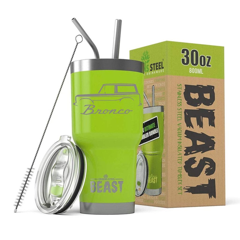 1966-77 Ford Bronco BEAST 30 oz Stainless Steel Insulated Tumbler w/Lid, 2 Straws, Brush and Gift Box lime