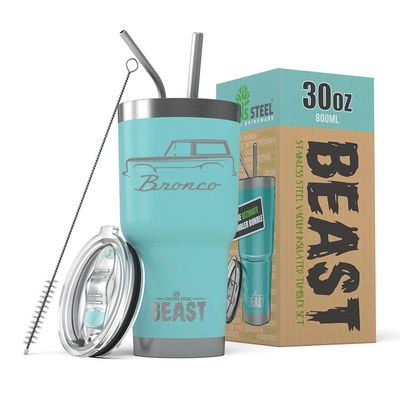 1966-77 Ford Bronco BEAST 30 oz Stainless Steel Insulated Tumbler w/Lid, 2 Straws, Brush and Gift Box aqua