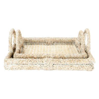 Creative Co-Op Decorative Rattan Trays with Handles & Whitewashed Finish (Set of 2 Sizes)
