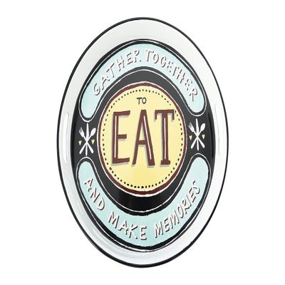 Creative Co-Op 15" Round Gather Together to Each and Make Memories Enameled Metal Cut-Out Handles Tray, Blue