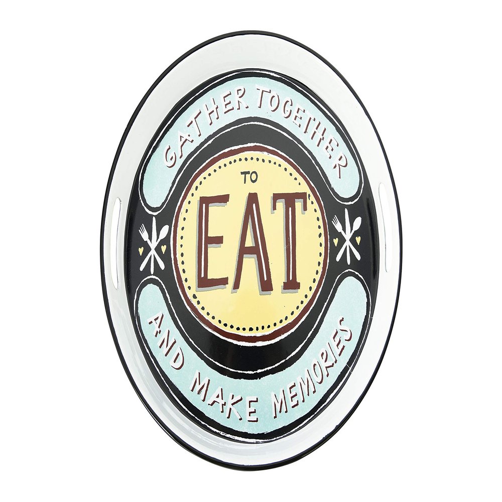 Creative Co-Op 15" Round Gather Together to Each and Make Memories Enameled Metal Cut-Out Handles Tray, Blue