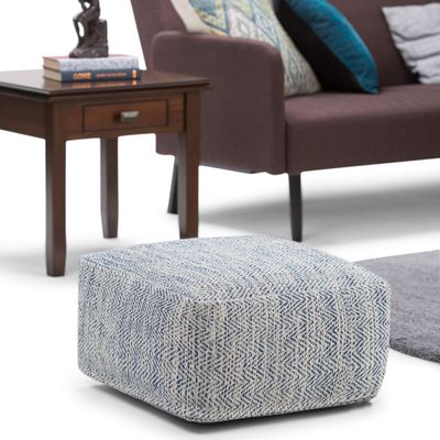 Transitional Square Pouf in Patterned Denim Melange Cotton Blue Geometric Casual Pattern Handmade