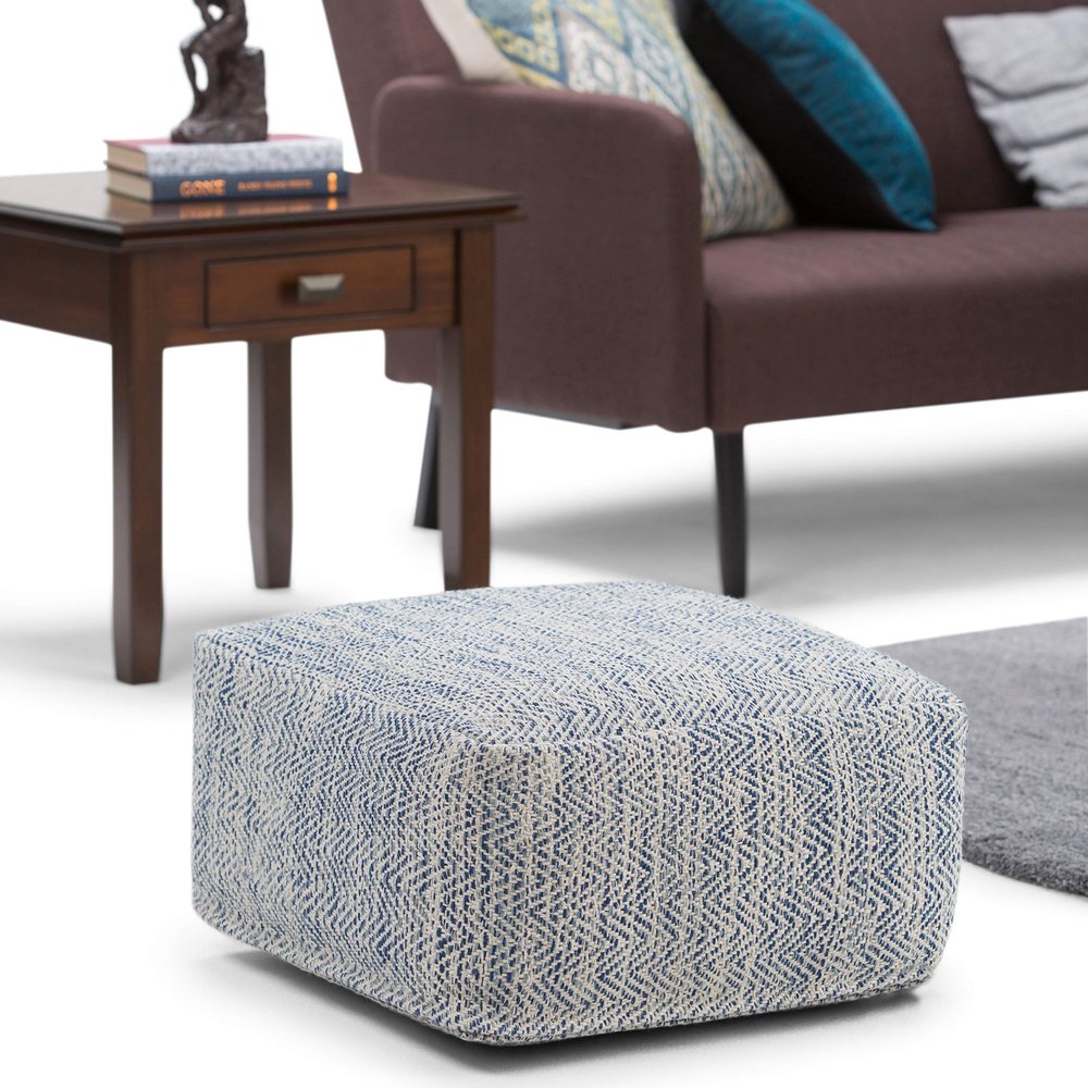 Transitional Square Pouf in Patterned Denim Melange Cotton Blue Geometric Casual Pattern Handmade