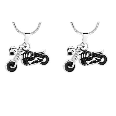 Skull Motorcycle Cremation Urn Necklace For Men Stainless Steel Memorial Jewelry Ashes Holder Keepsake Pendant (2 pcs silver tone)