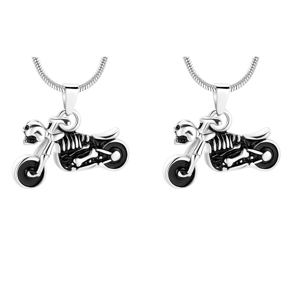 Skull Motorcycle Cremation Urn Necklace For Men Stainless Steel Memorial Jewelry Ashes Holder Keepsake Pendant (2 pcs silver tone)