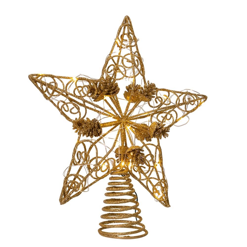 Kurt Adler 11.75-Inch 30-Light Fairy Light Gold Star with Pinecones Treetop