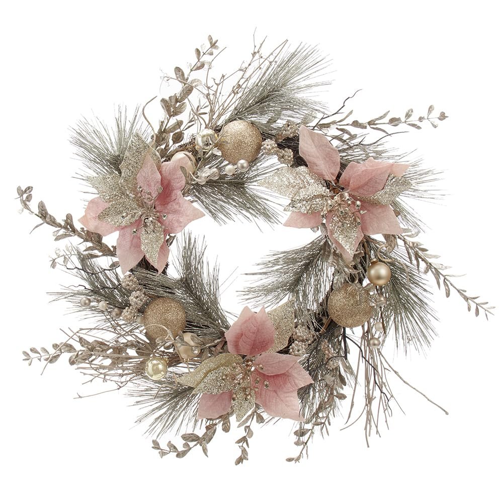 20-Inch Champagne and Gold Wreath with Pink Poinsettias and Ornaments (H4123)