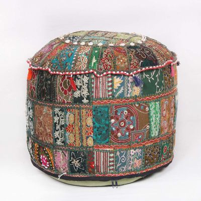 Jaipurtextilehub Boho Pouf Cover Khamadiya Indian Vintage Home Dcor Ottoman Cover Floor Cushion Cover Hippy Room Dcor (Ottoman Cover 22x12x22 Inch, Green Dark)