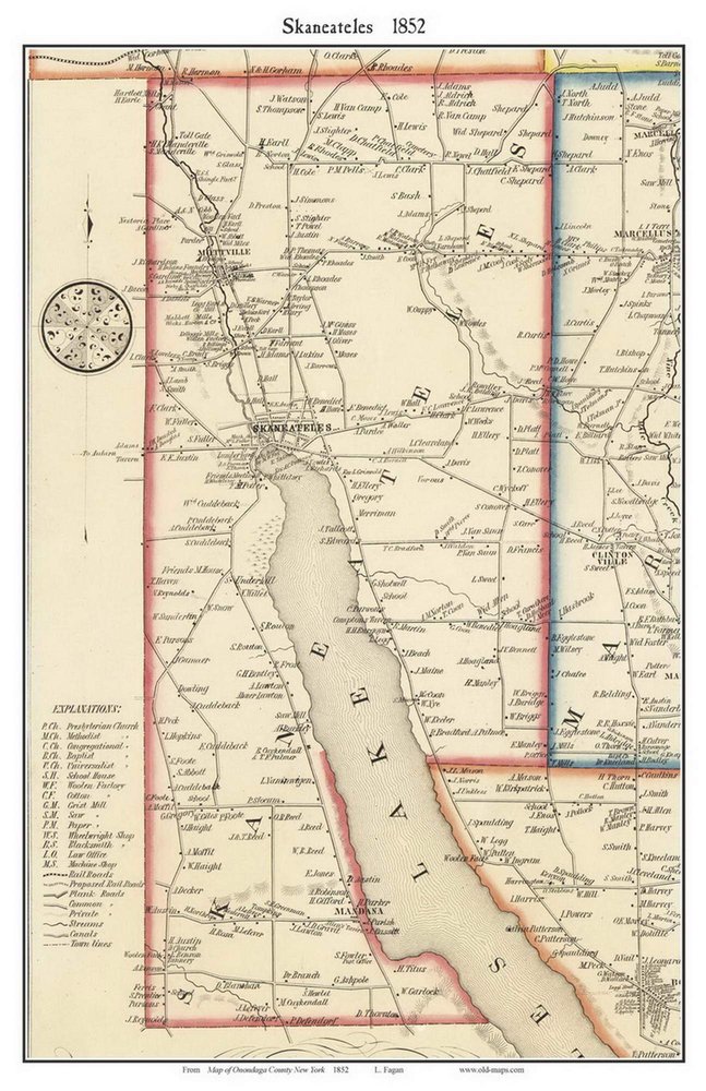 Skaneateles 1852 Old Town Map with Homeowner Names New York Skaneateles Lake Mandana - Reprint Genealogy Onondaga County NY TM
