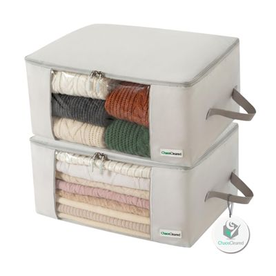2 Pack Clothing Storage Bags Clothes Organizer folding fabric bags for sweaters, clothing, garment, bedding, quilt, linens, large folding organizers with zip & window, mothproof underbed space savers