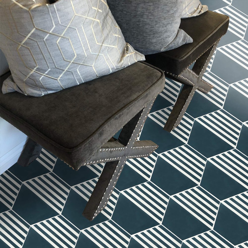 Moroccan Mosaic & Tile House CTP72-10 Menara Hexagon Handmade Cement Tiles, Pack of 12, Navy Blue and White Lines