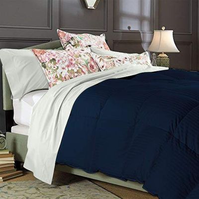 100% Egyptian Cotton Striped 1 Piece Super King Size Comforter by Fabricom 800 Thread Count Navy Blue