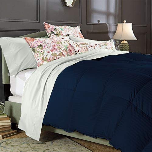 100% Egyptian Cotton Striped 1 Piece Super King Size Comforter by Fabricom 800 Thread Count Navy Blue