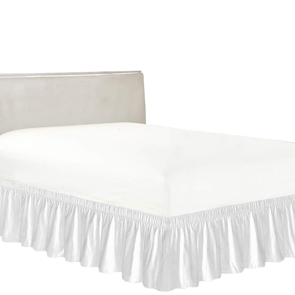 BedDecor Wrap Around Bed Skirt Elastic Bed Ruffles, 600TC Solid Luxurious 27 Inches Drop(White,Queen)