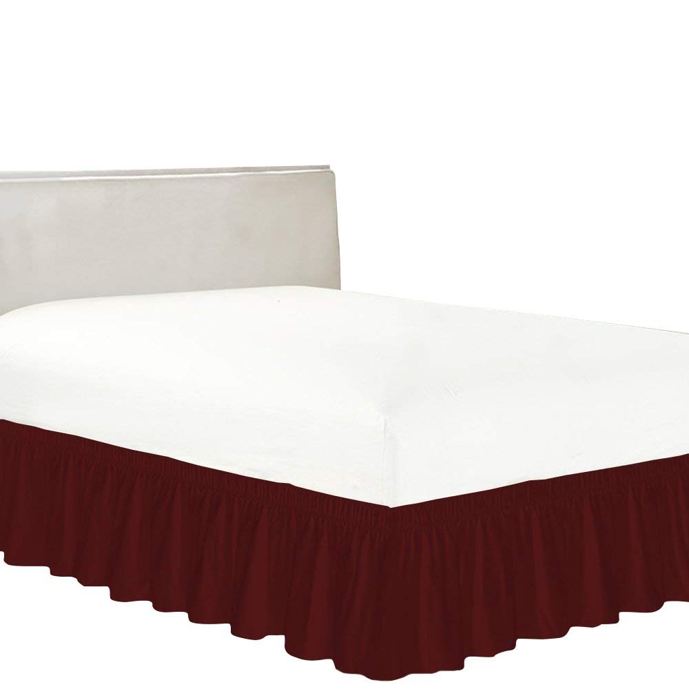 BedDecor Wrap Around Bed Skirt Elastic Bed Ruffles, 600TC Solid Luxurious 15 Inches Drop(Burgundy,Twin XL)