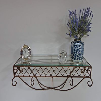 Antique Brass Floating Shelf with Beveled Glass Top