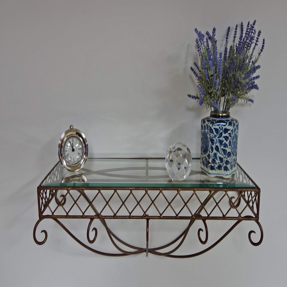 Antique Brass Floating Shelf with Beveled Glass Top