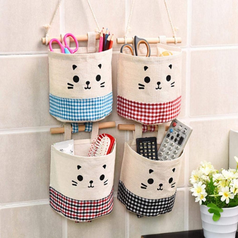 RainbowBaby Over The Door Storage Bags Closet Organizer, Wall-Mounted Hanging Cotton Linen Storage Basket Holder Decor Bin Bag (4 Pack)