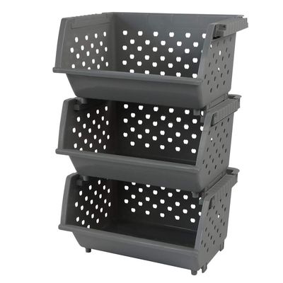 Begale 3-Pack Gray Plastic Stackable Detachable Storage Bin, Organizer Stacking Basket