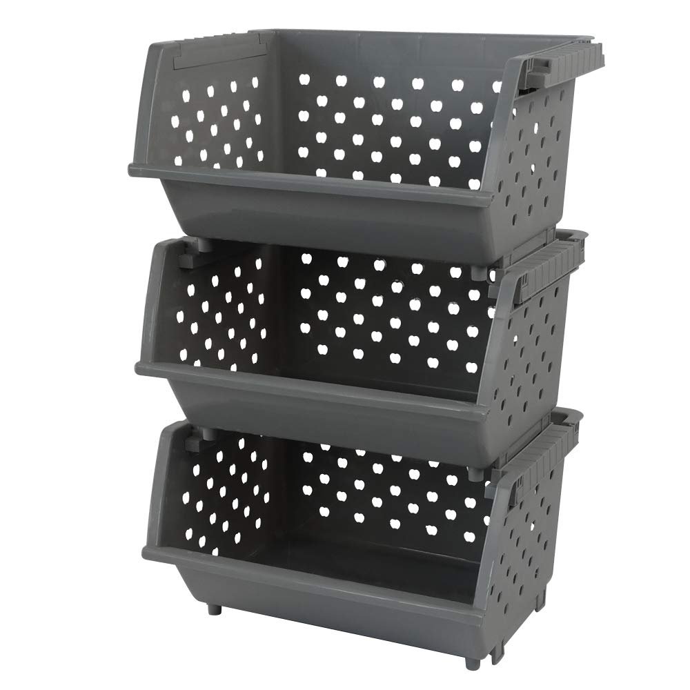 Begale 3-Pack Gray Plastic Stackable Detachable Storage Bin, Organizer Stacking Basket