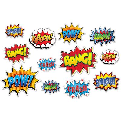 Beistle Hero Action Speech Bubble Cutouts - 12 Pcs. (Red, Blue, Green, Yellow) - Comic Themed Party Decoration Pack