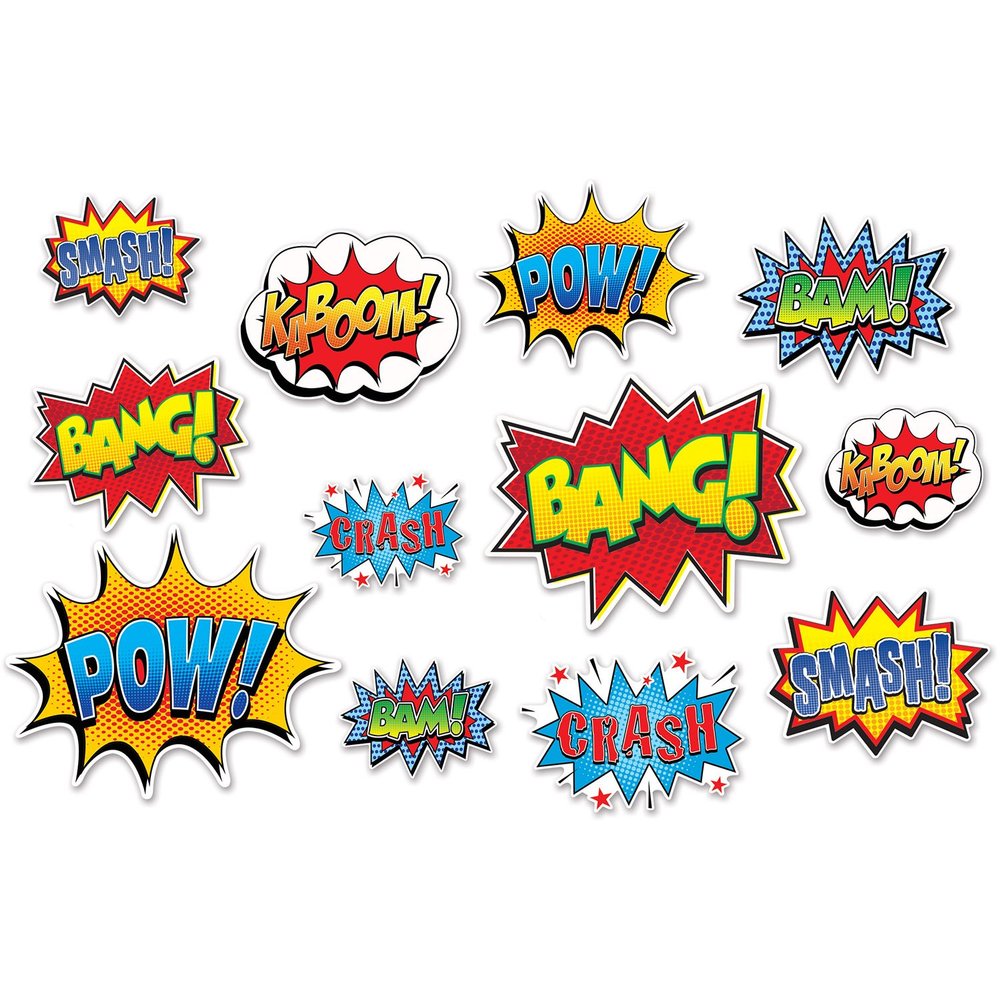Beistle Hero Action Speech Bubble Cutouts - 12 Pcs. (Red, Blue, Green, Yellow) - Comic Themed Party Decoration Pack