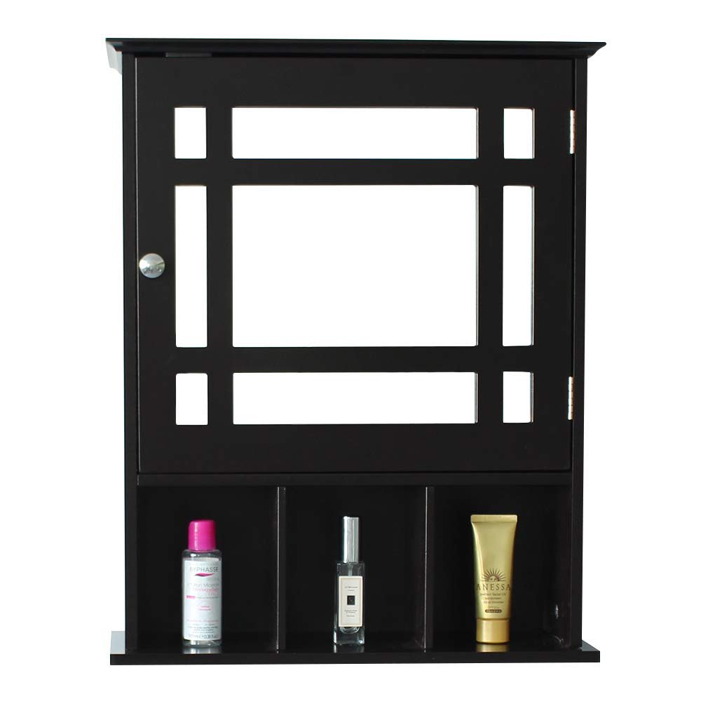 Byya Mirror Cabinet,Bathroom Wall Mounted Storage Cabinet with Single Door Adjustable Shelf and 3 Open Compartments Storange Cabinet,Wooden Medicine Cabinet. (Espresso)