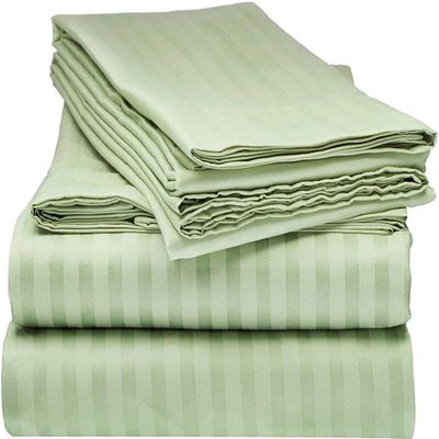 Luxurious Ultra Soft - Striped Cotton Sateen 4 Piece Bed Sheet Set 400 TC - Fitted Sheet 6" deep Pocket + Flat Sheet + 2 Pillowcases - Mint Green - Queen
