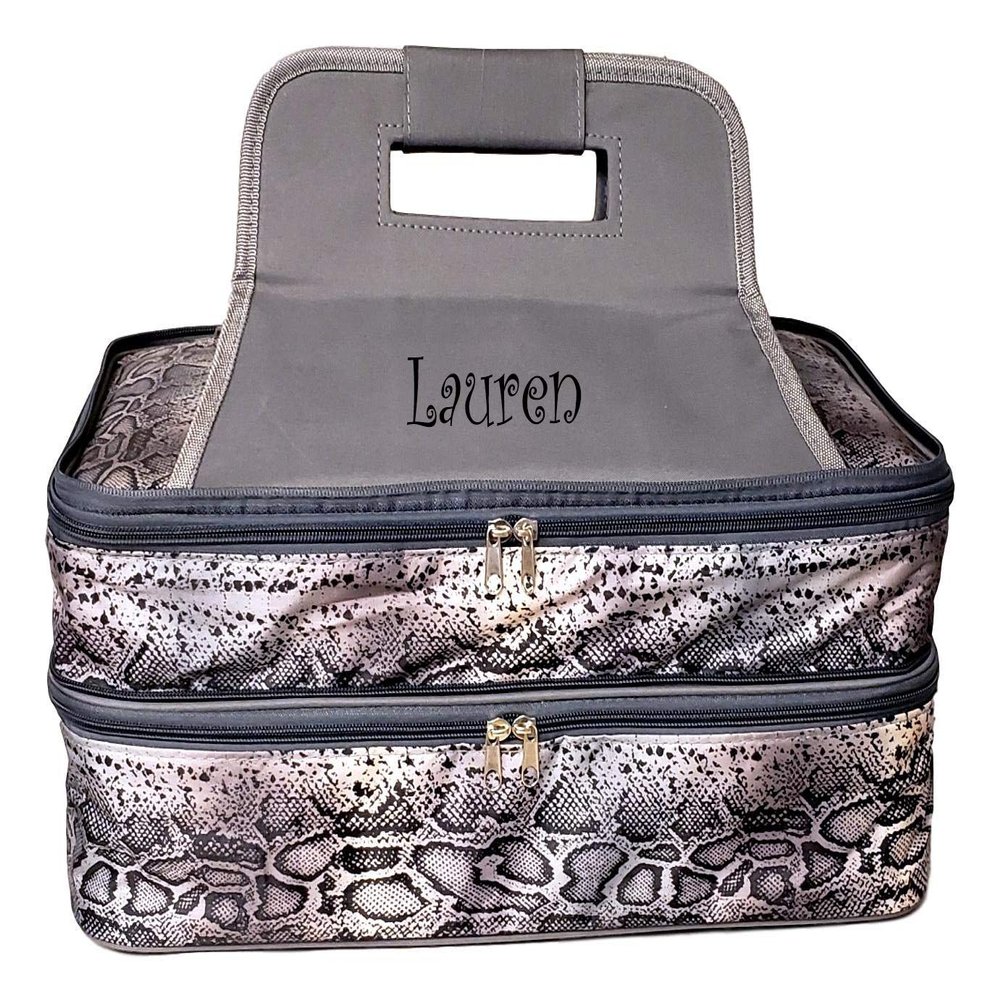 101 BEACH Thermal Insulated Double Casserole Carrier Bag with 2 Compartments - Can be Custom Embroidered Personalized (Gray Reptile - Embroidered Name)
