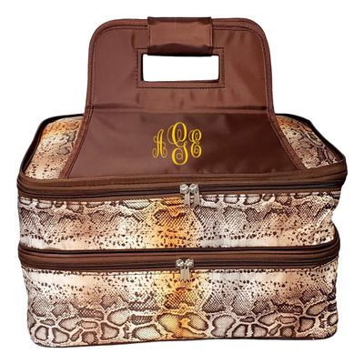 101 BEACH Mother's Day Gift - Thermal Insulated Double Casserole Carrier Bag with 2 Compartments - Can be Custom Embroidered Personalized (Brown Reptile - Embroidered Monogram)