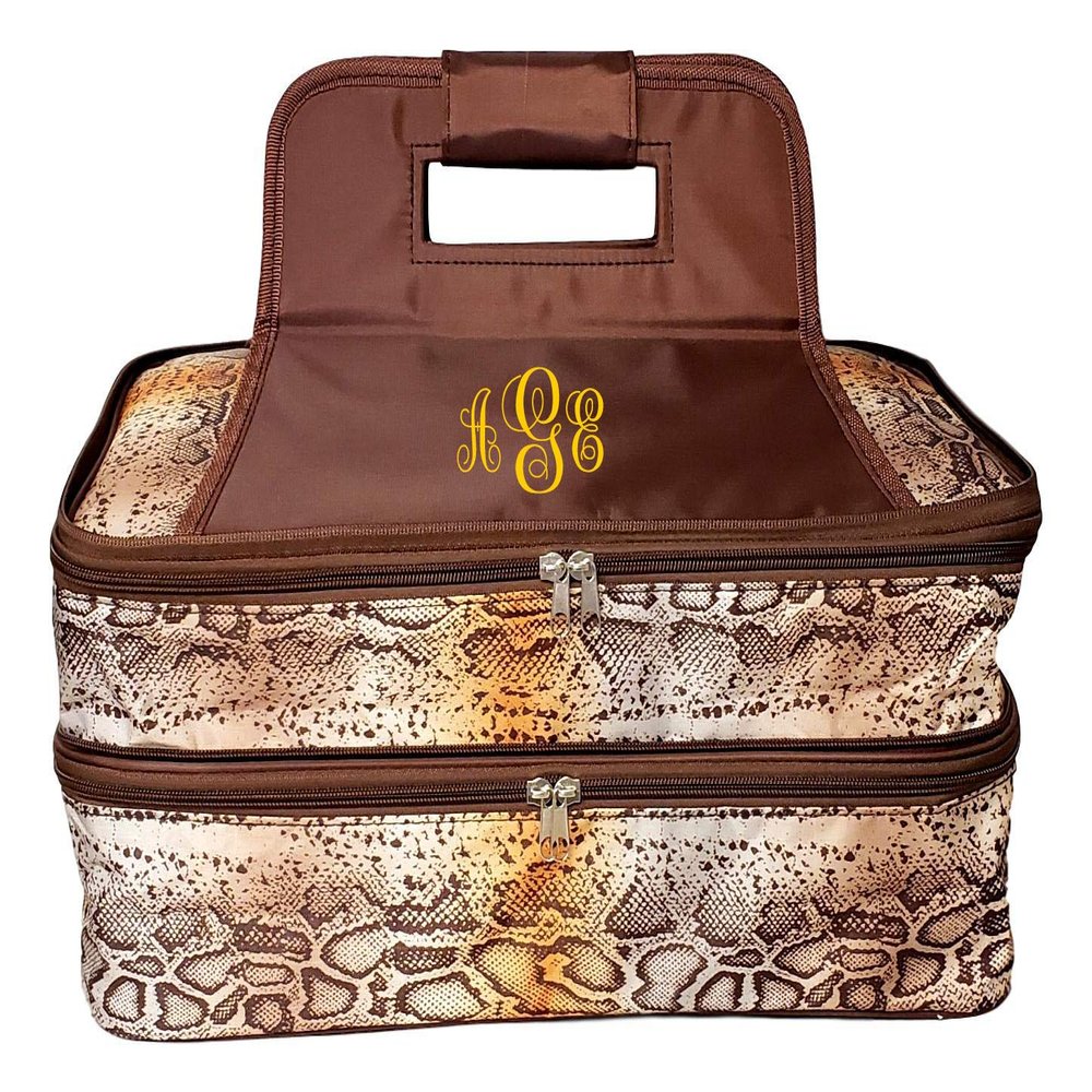 101 BEACH Mother's Day Gift - Thermal Insulated Double Casserole Carrier Bag with 2 Compartments - Can be Custom Embroidered Personalized (Brown Reptile - Embroidered Monogram)