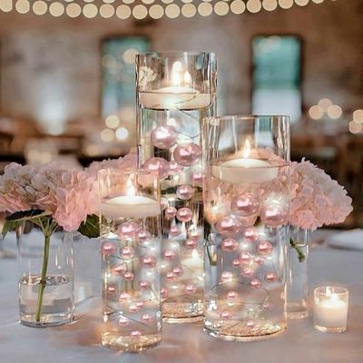 Vase Pearlfection 300 Floating Blush Light Pink Pearls- Large Sizes- 12 White Submersible Fairy Lights Strings Hidable Submersible Batteries- 4 Gallons of Transparent Water Gels for Vases