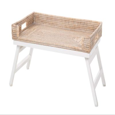KOUBOO La Jolla Rattan Breakfast Tray with Foldable Legs, Rectangular Serving Tray, Butler Tray with Folding Wood Stand, Serving Portable Laptop, White Wash