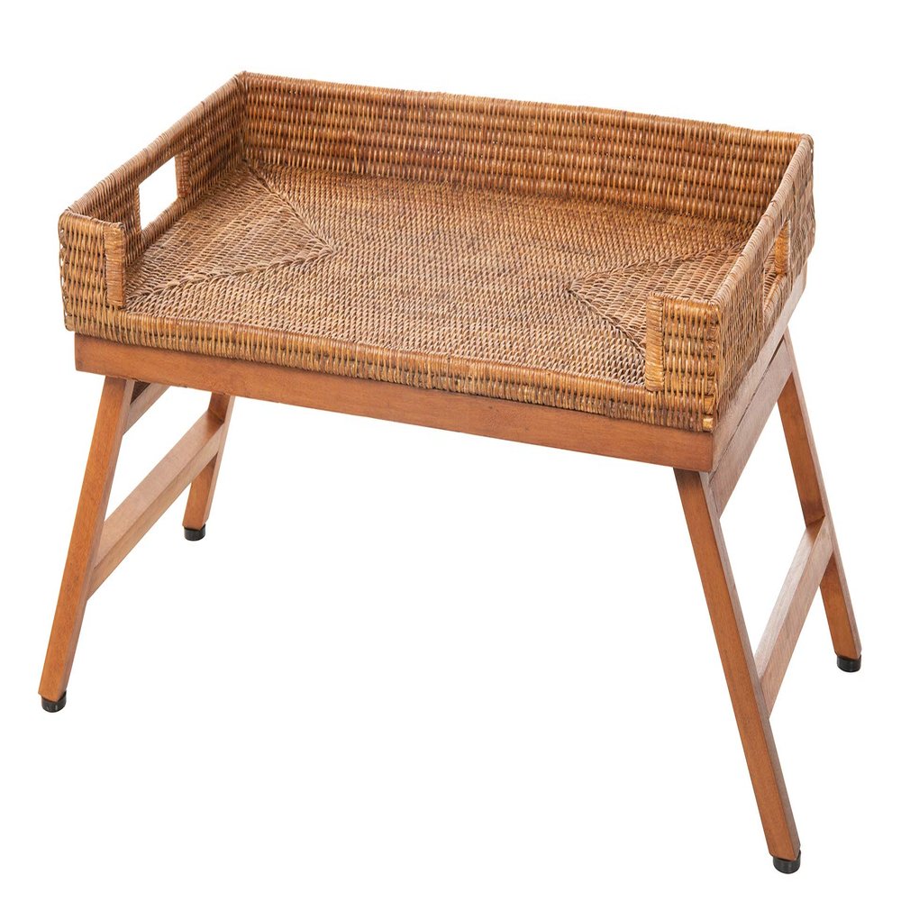 KOUBOO Rattan Breakfast Tray with Foldable Legs, Rectangular Serving Tray, Butler Tray with Folding Wood Stand, Snack Tray for Breakfast, Honey-Brown