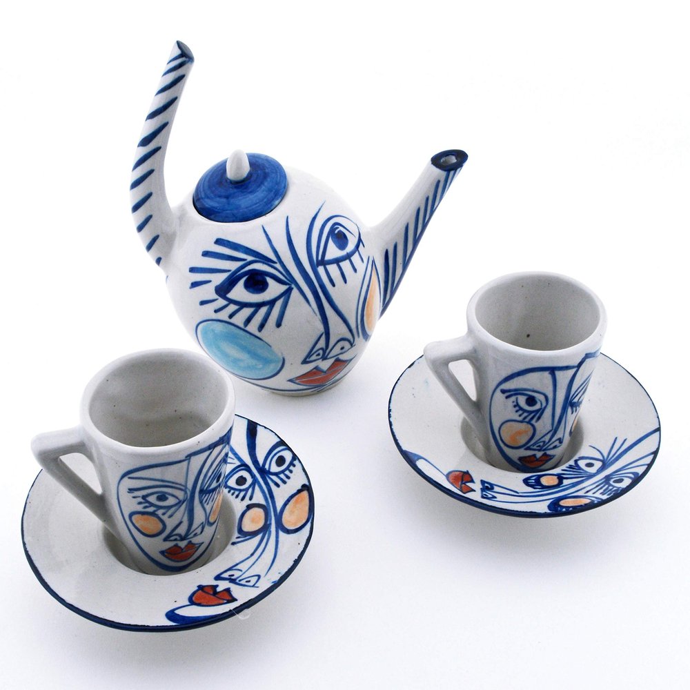 Ceramic Tea Set with Cubist Design, Picassian Style, Modern Art, Handmade and Handpainted. Exclusive Collection, Limited Production.