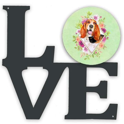 Caroline's Treasures CK4276WALV Basset Hound Green Flowers Metal Wall Artwork Love Indoor Outdoor Art Decor Patio, Bathroom, Kitchen Colorful Aluminum and Black Steel Sculpture